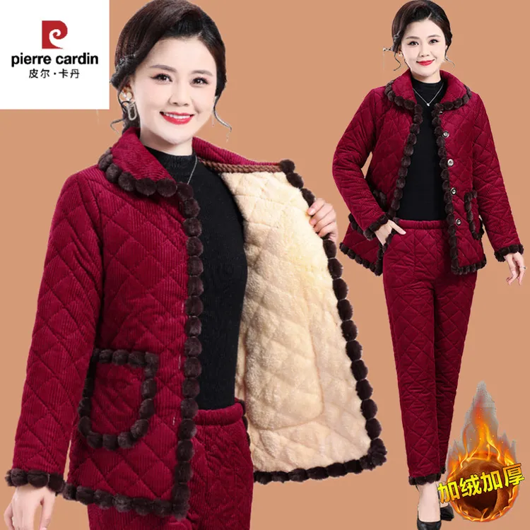 皮尔卡丹妈妈冬装加绒加厚棉袄灯芯绒套装中老年女保暖居家棉衣棉