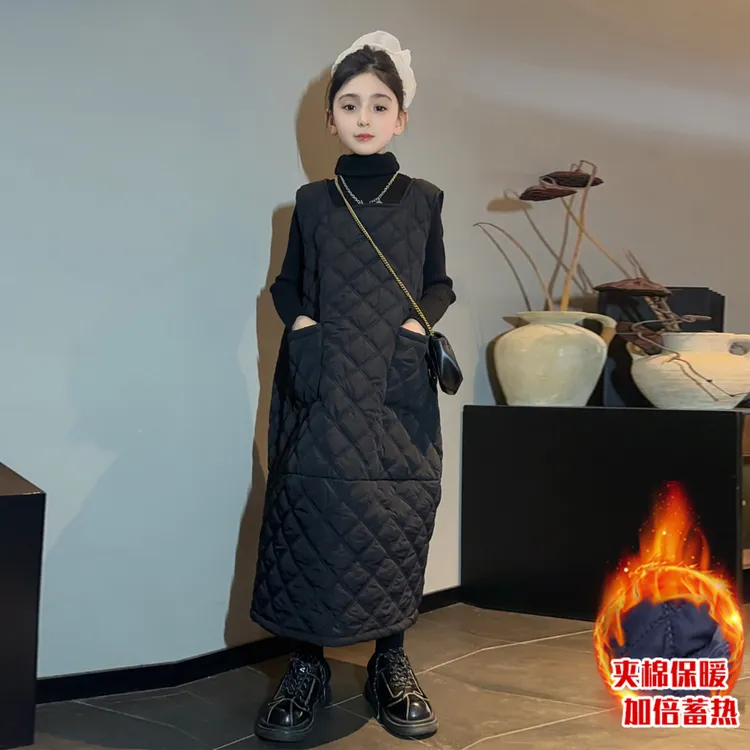 女童夹棉加厚连衣裙冬季新款韩系慵懒宽松保暖无袖菱格背心裙2025