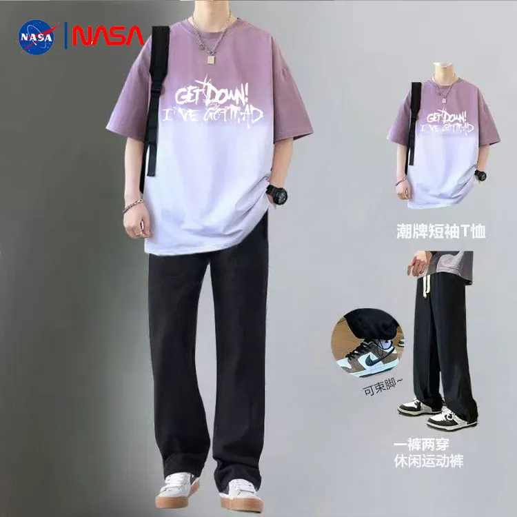 NASA青少年男装帅气学生潮流套装初高中生休闲长裤夏季短袖t恤