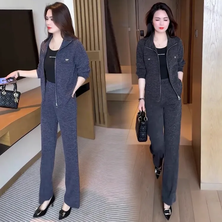 休闲运动套装女2025春秋新款洋气宽松显瘦立领短外套阔腿裤两件套