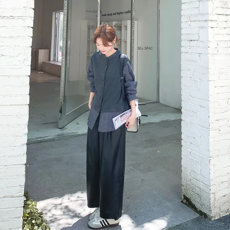 假两件撞色上衣PU皮阔腿裤2025春秋新款松弛感韩系ins风套装裤潮