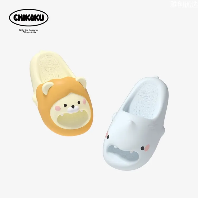 chikoku左狮右鲨可爱卡通拖鞋女夏季居家厚底静音情侣居家凉拖男