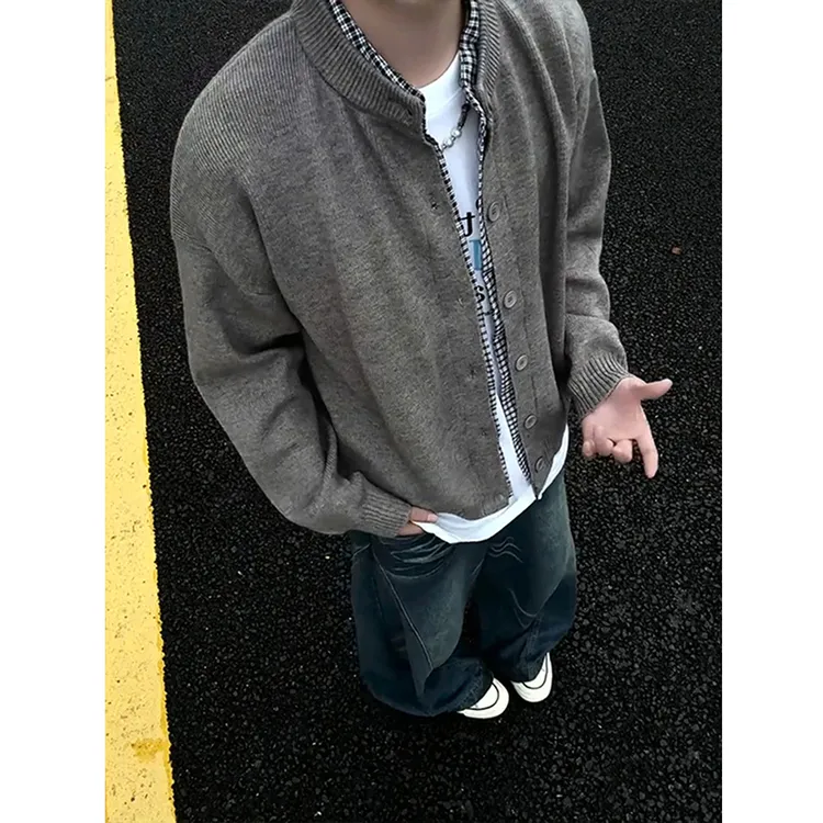 灰色美式假两件开衫毛衣男款秋季慵懒学院风外套高级感拼接针织衫
