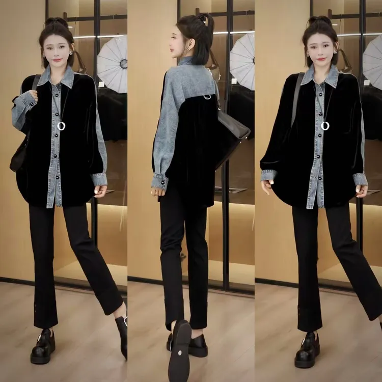 【素语】设计感小众百搭丝绒牛仔拼接高定外套 衣长77 25-448#