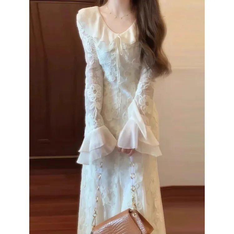 韩系气质蕾丝荷叶边长袖连衣裙女春秋季高级感温柔风法式鱼尾裙子