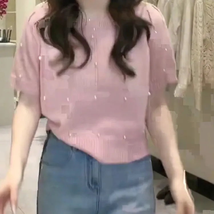 春季上新小众宽松圆领珍珠设计感针织短袖纯色减龄时尚百搭女士