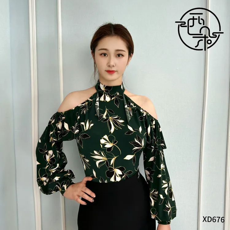西朵舞服花色墨绿露肩摩登舞练功服上衣XD676