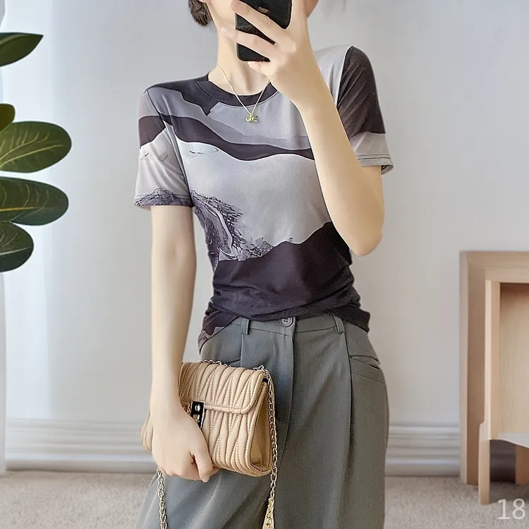 气质微胖修身显瘦网纱短袖女款爆款2025新款独特漂亮小衫洋气衣服