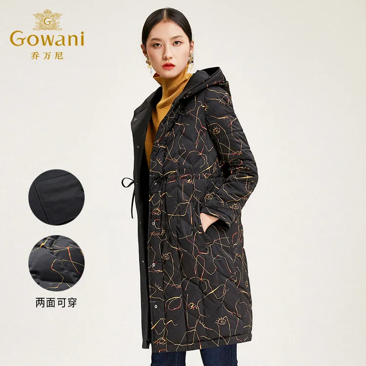 Gowani/乔万尼女士双面穿白鸭绒中长款休闲连帽印花保暖EN4T827