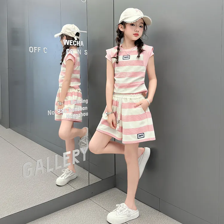 女童夏季短袖套装儿童洋气条纹短裤时髦童装女大童炸街运动两件套