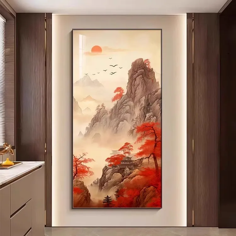 入户玄关竖版风景新中式装饰画鸿运当头正对墙挂画禅意高级感壁画