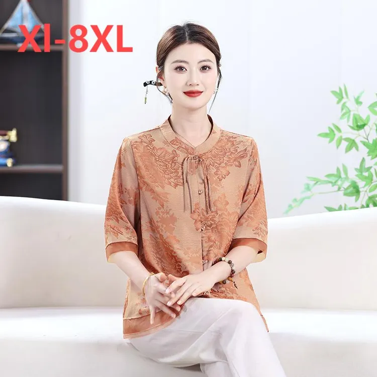 【XL-8XL】妈妈夏季衬衫民族风宽松洋气上衣加肥加大中老年女装