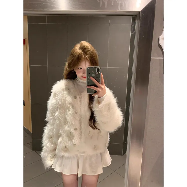 奶fufu白色小香风仿水貂绒毛衣开衫外套女秋冬季加厚毛毛环保皮草