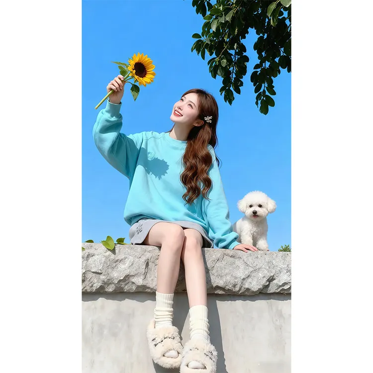 秋冬新款小个子韩系百搭上衣美式复古慵懒风chic多巴胺蓝色卫衣