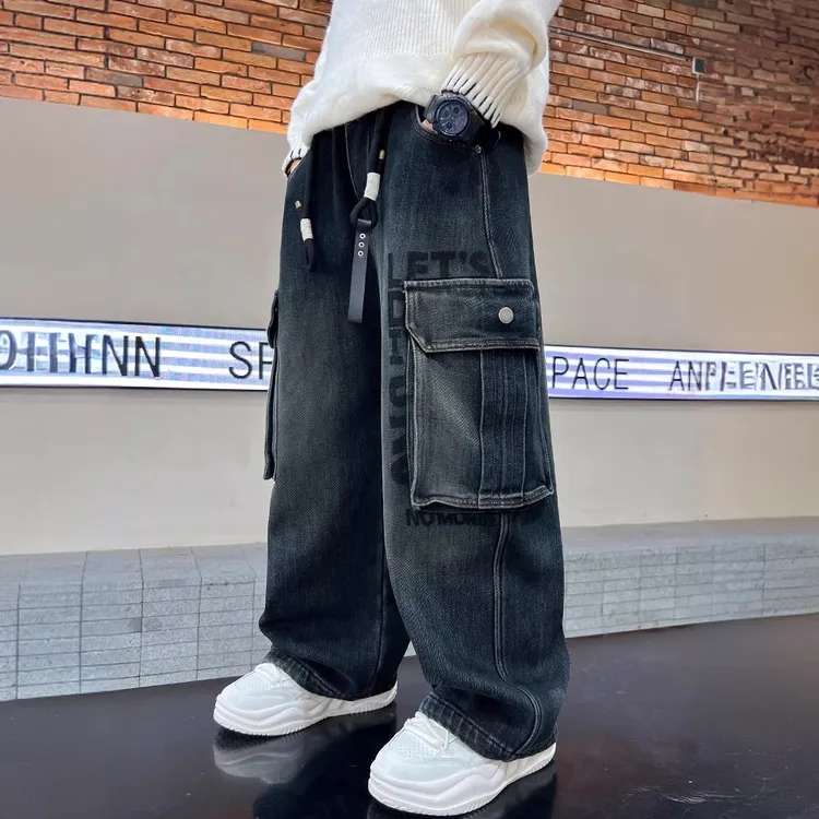 男童牛仔裤秋装2025新款中大童酷帅男孩秋冬季加厚一体绒工装裤子