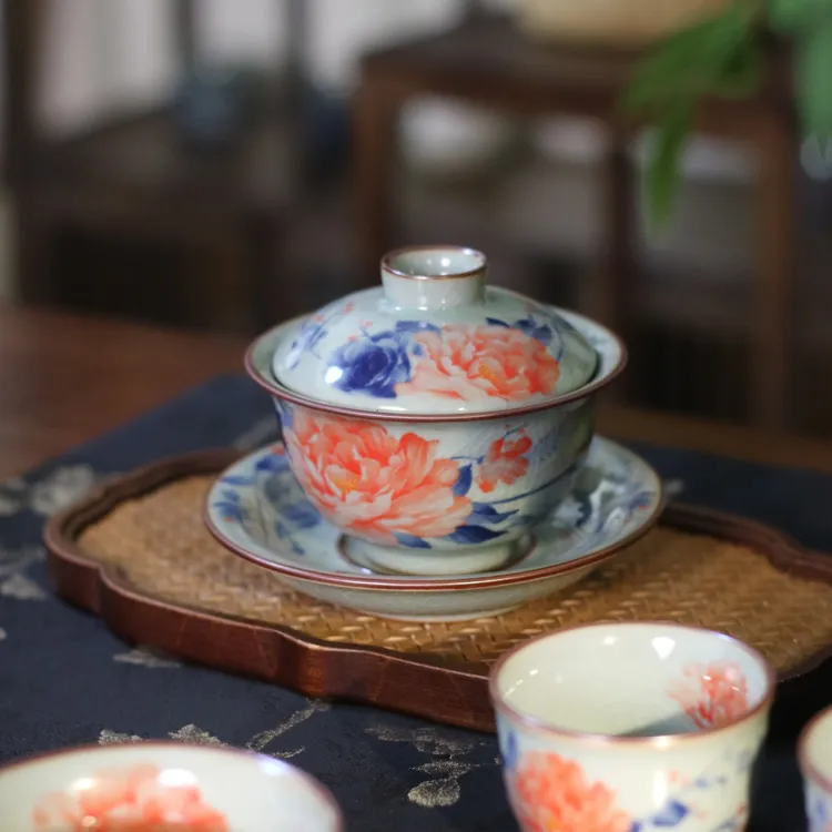 正宗景德镇三才盖碗茶具高端陶瓷国色天香悬停泡茶碗高档个人专用