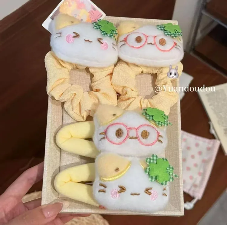 四叶草幸运掰掰夹小猫发圈可爱卡通表情猫咪皮筋学生丸子头头绳