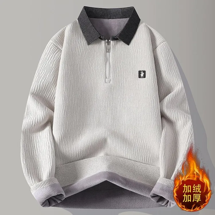 半拉链衬衫领毛衣男秋冬季一体绒针织衫男士上衣加绒加厚保暖衣服
