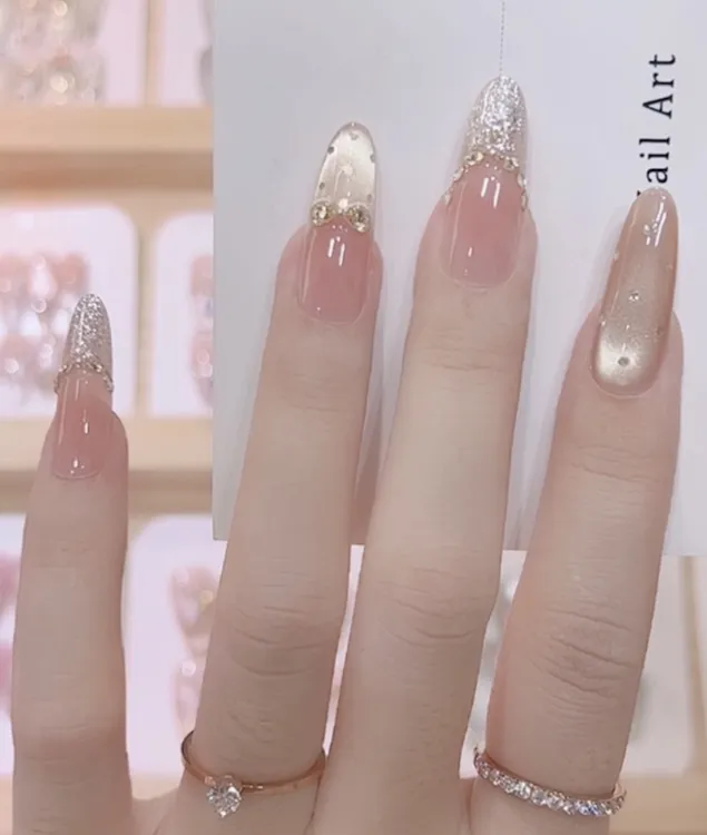 【金色芭蕾】纯手工穿戴甲锆石堆钻穿戴美甲裸色渐变法式穿戴