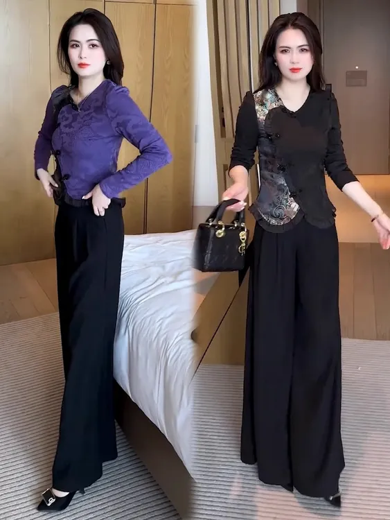 时尚套装女2025春季新款时髦洋气国风长袖上衣阔腿裤显瘦两件套潮