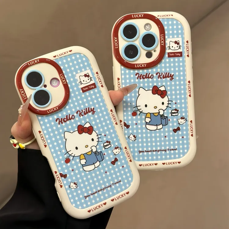 蓝格纹Kitty猫适用苹果16promax圆墩手机壳华为p40vivo小米15oppo