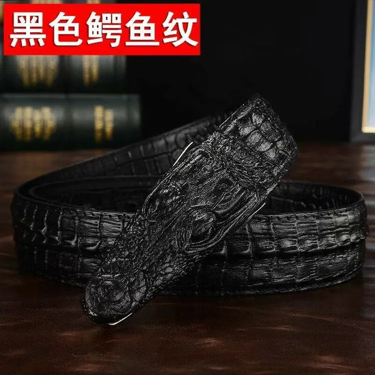 新款男士皮带鳄鱼纹腰带皮带裤腰带大鳄鱼头时尚个性平滑扣潮款