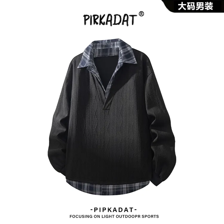Pirkadat秋季新款假两件翻领撞色格肌理感POLO衫男日系宽松上衣男