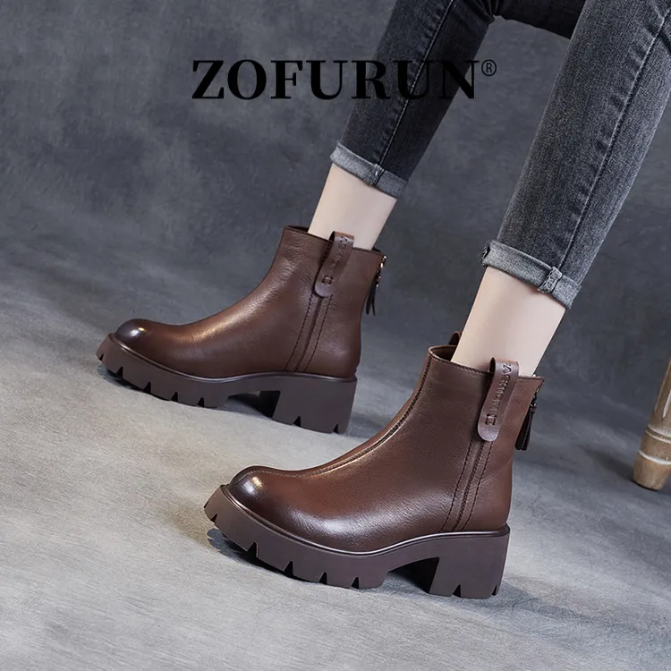 ZOFURUN马丁靴女新款真皮厚底复古靴子高跟切尔西短靴加绒女靴