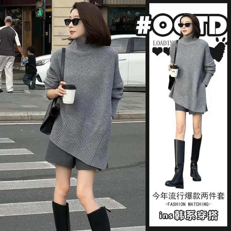秋季时尚休闲套装女轻熟风气质灰色针织衫显瘦短裤两件套装潮