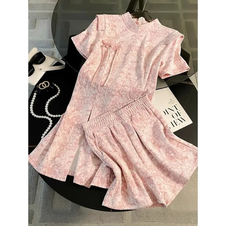 大码女装新中式国风时尚套装女夏季改良旗袍中长款上衣短裤两件套