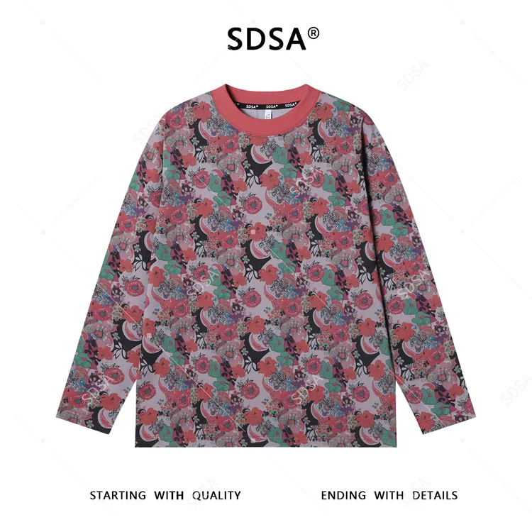 SDSA男士秋冬新款痞帅男装满印抽象植物花卉圆领长袖T恤网红款潮