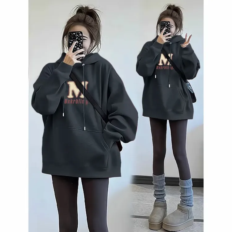 韩版纯棉可爱设计感印花宽松女士慵懒风秋冬连帽加绒休闲卫衣外套