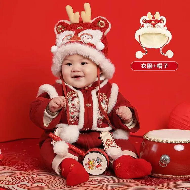 婴儿拜年服冬季连体衣新年衣服冬装宝宝百天周岁红礼服拜年服