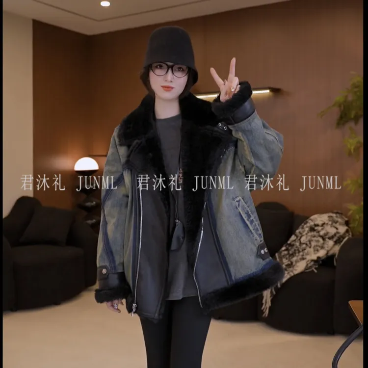 君沐礼《设计师款》90羽绒服欧货新款牛仔机车外套