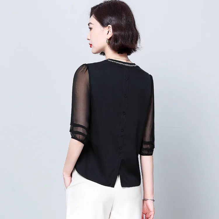 高端雪纺衫女短袖2025夏季新款减龄小衫显瘦遮肚子中袖上衣女洋气