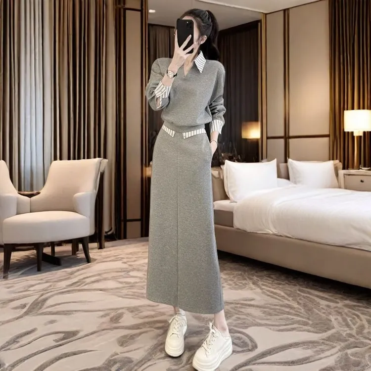 韩系穿搭气质卫衣套装裙女春季2025新款高级感半身裙长裙两件套装