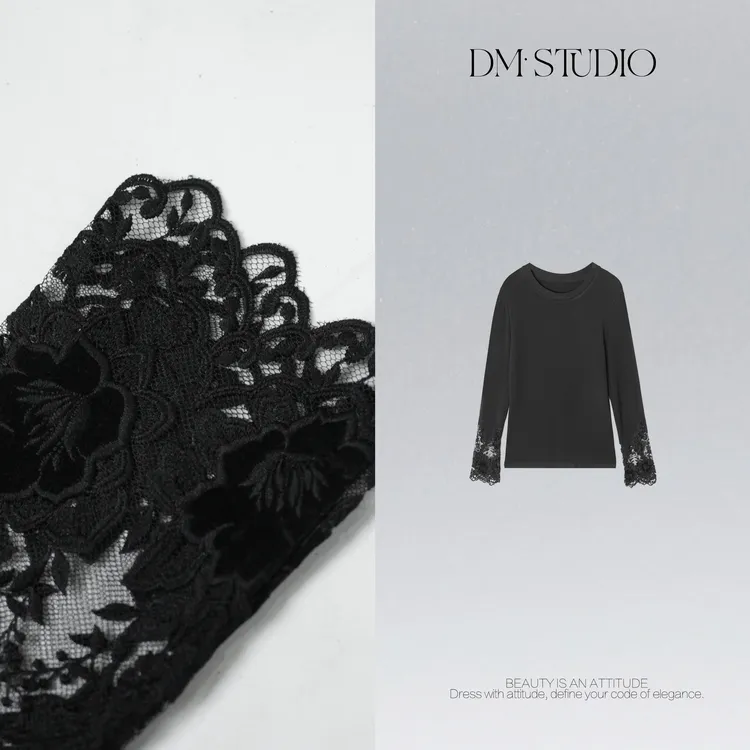 DEDM•STUDIO/气质减龄小众休闲精致感蕾丝袖圆领上衣2510TX/91267