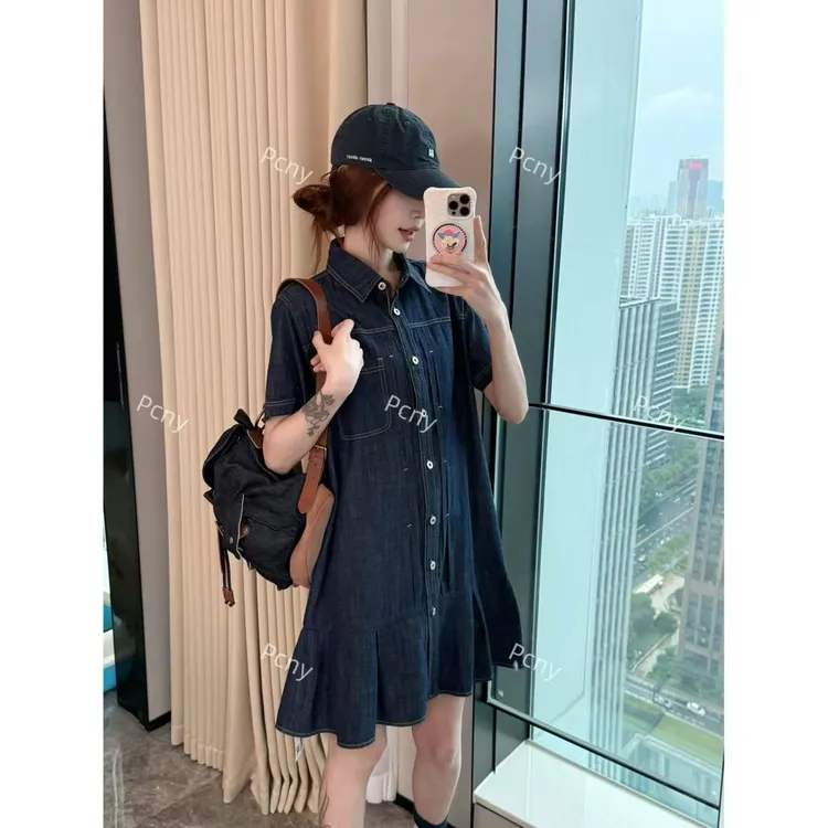 PCNY「蓝调时光」不理理夏季新款小众女装时尚设计感短款衬衫连衣裙