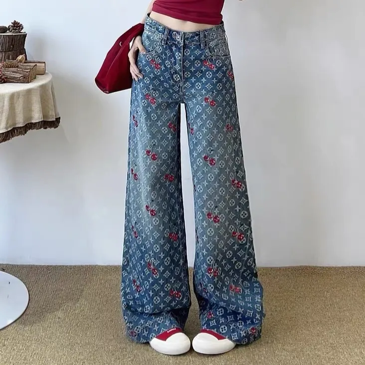 新款樱桃刺绣宽松牛仔裤女夏季高腰显瘦阔腿裤长裤