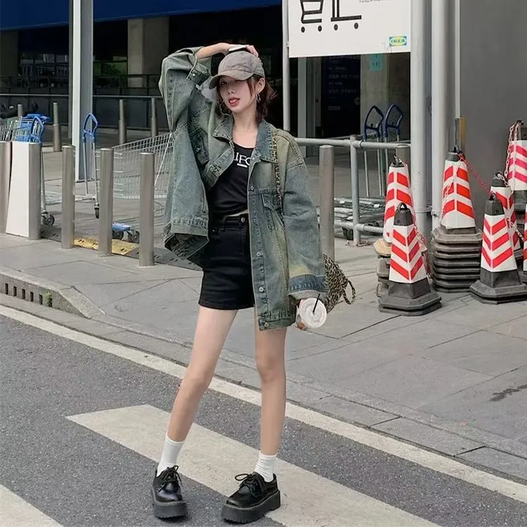 早秋女装洗水复古美式长袖牛仔外套高街宽松情侣休闲宽松百搭上衣