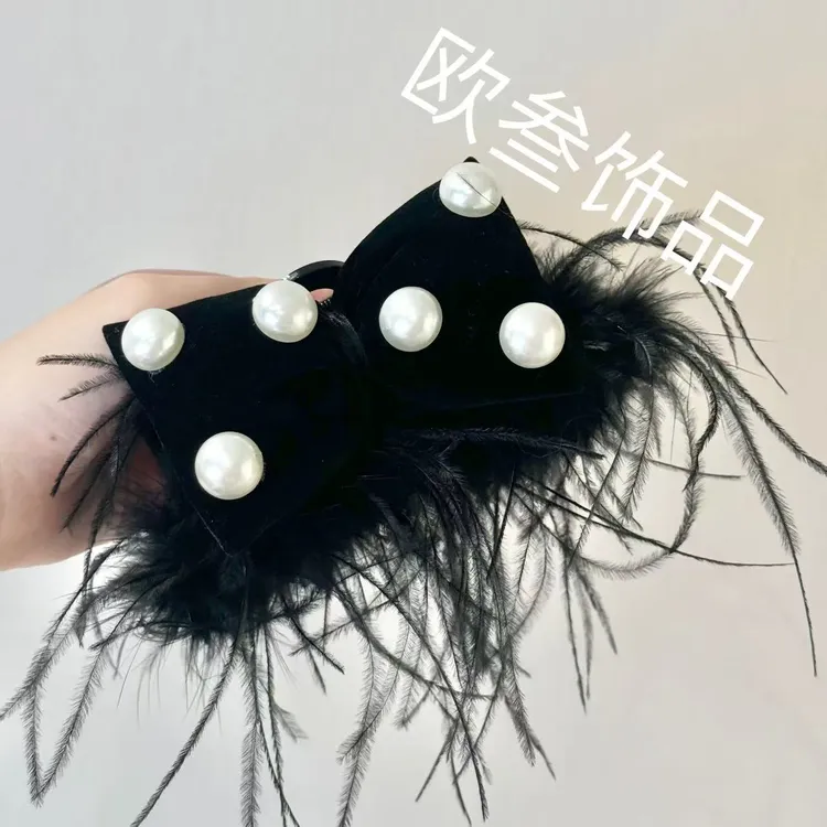 zj425大版丝绒蝴蝶结毛毛13cm鲨鱼夹大抓夹公主夹发饰高级纯手工