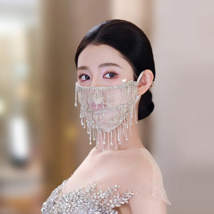 合金布艺婚庆饰品 新娘配饰高颜值蕾丝水钻流苏防晒透气面罩D0582