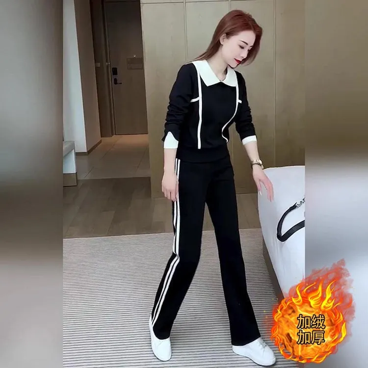 秋冬加绒加厚炸街气质名媛修闲套装女娃娃领长袖卫衣直筒裤两件套