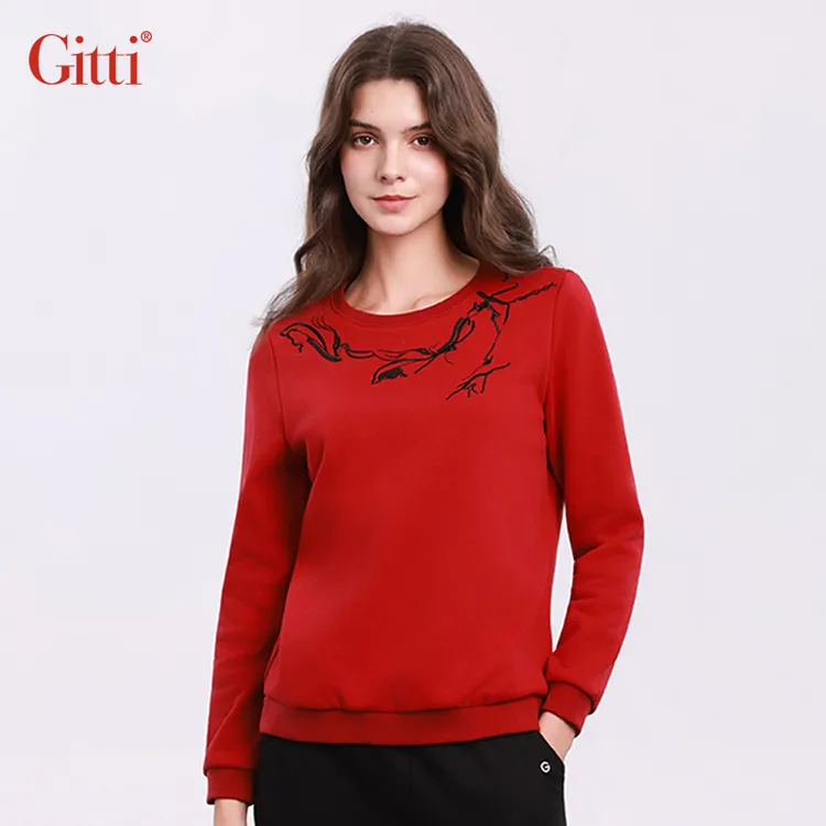 Gitti/吉蒂加绒棉感卫衣女圆领套头衫绣花长袖宽松上衣G255421