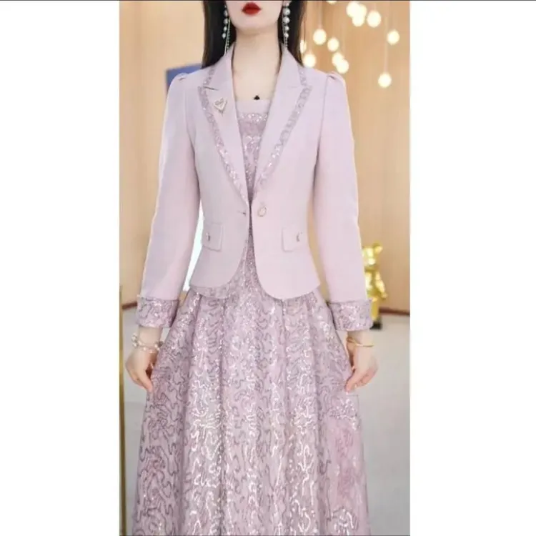 高级TR斜纹面料套装礼服裙2025春季新款气质西装外套连衣裙两件套