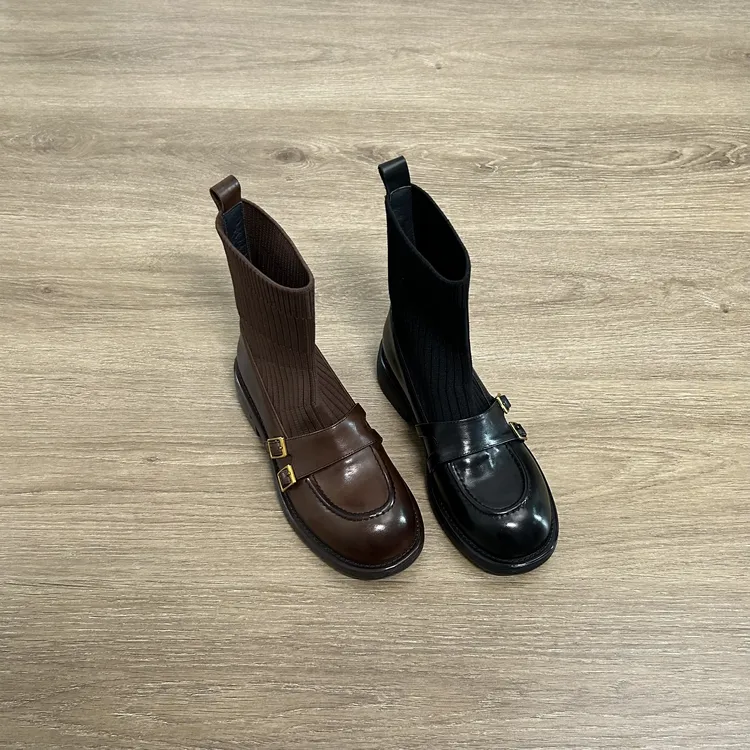 Dannyfrey秋冬新款弹力瘦瘦韩系皮带扣头层牛皮英伦女袜靴3.5CM