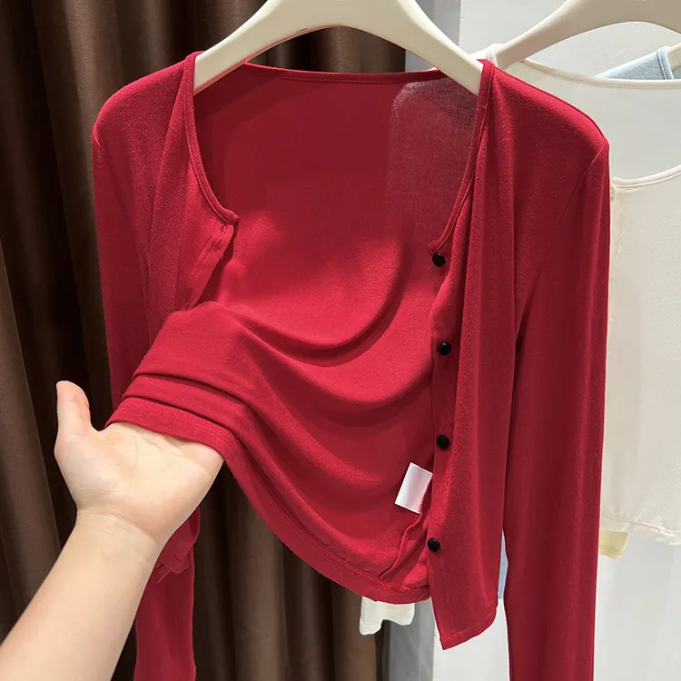 红色高级感配吊带裙子针织防晒冰丝开衫女薄款长袖小外搭外套上衣