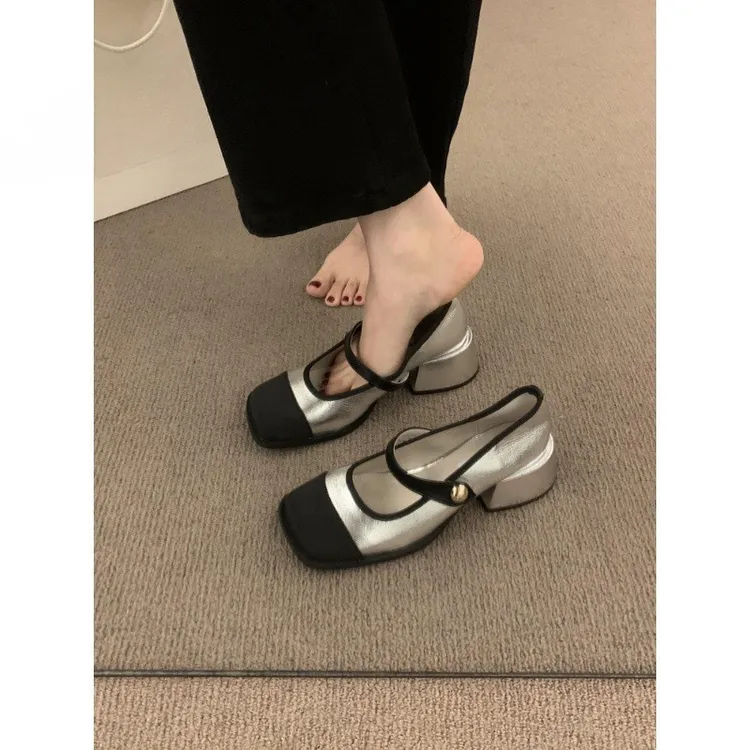 UHCK法式小香风拼色方头玛丽珍小皮鞋女粗跟温柔晚晚鞋中高跟乐福