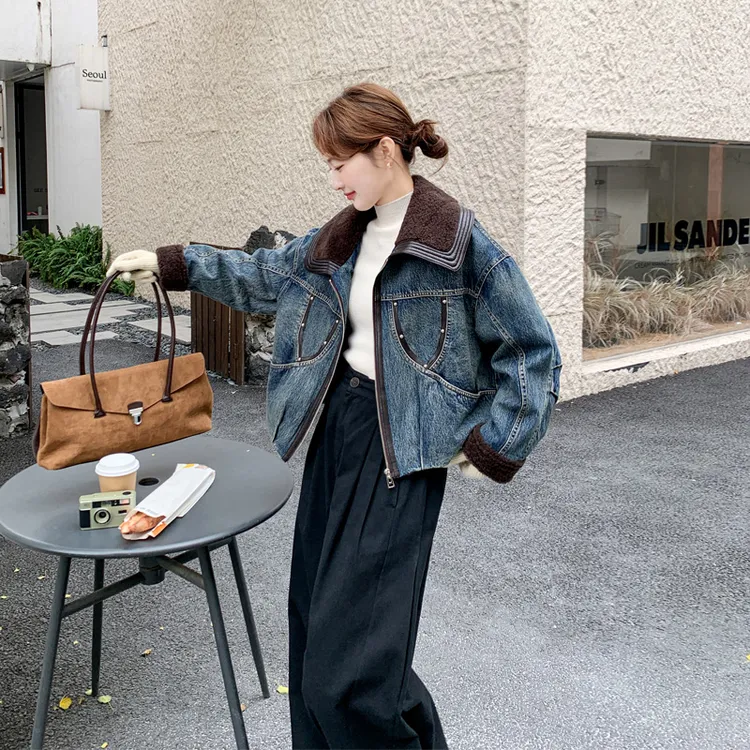 复古港风牛仔羽绒服2025冬季新款纯色ins甜酷风工装炸街加厚棉衣