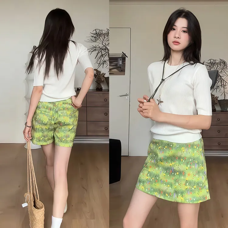 时尚设计感彩绘短款裤裙简约短袖针织衫女夏季新款百搭气质两件套